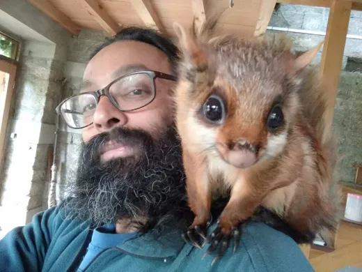 May 2018 : My First ever selfie with Bheemu a White-bellied flying squirrel – rescued and later released back into the wild