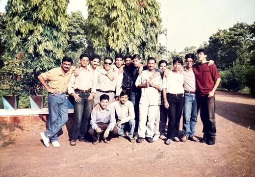 The boys of the batch posing during the first field visit to Nepanagar during the orientation. (I am the one in the maroon t-shirt.)