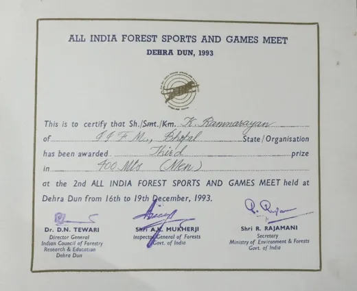 Dec. 1993 The actual 400 meter men’s race 3rd place, (bronze) certificate.Dehradun (IGNFA / FRI)