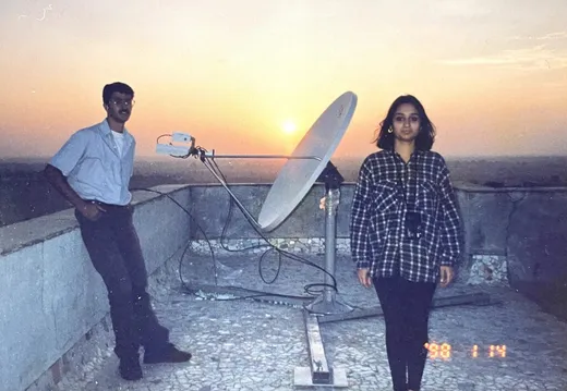 The photo was taken atop the library building after [Rati Mehrotra](https://ratiwrites.com/) and I (and many others) had volunteered to help Dr Chinmaya Rathore in setting up the (first) VSAT at IIFM.