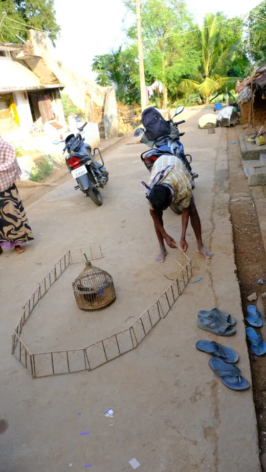 The local expert hunter from the eastern ghats of Andhra demonstrating his spur fowl traps. Here we are working with local hunters and their local knowledge to develop a strategy to safeguard wildlife.