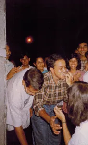 Rajen Tanwar’s birthday (1997). He was extra happy due to his recent engagement! Rati is feeding him cake while Subrata Bose (97-99) is bending over to secure his slice before it gets run over by the crowd behind.