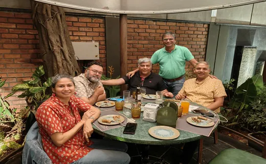 2023 – Still going strong – In Bangalore – Radhika, Nikhil, Raja and myself; Rajni Sundru standing.