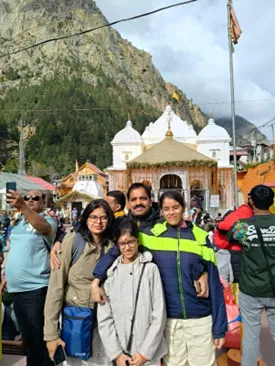 With Pushpa, Plaksha (in center) and Vernika at Gangotri Temple